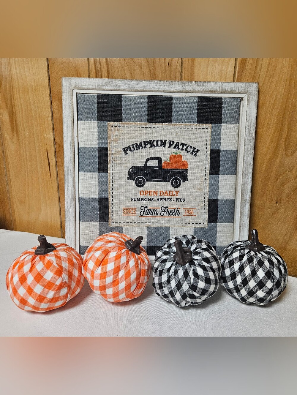 Fall Home Decor Lot Wall Art & 6 Gingham Pumpkins Black White Orange